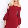 Clothing Rebellious Fashion | Wine Bardot Flared Sleeve Dress - Ebony