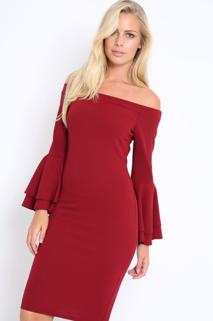 Clothing Rebellious Fashion | Wine Bardot Flared Sleeve Dress - Ebony