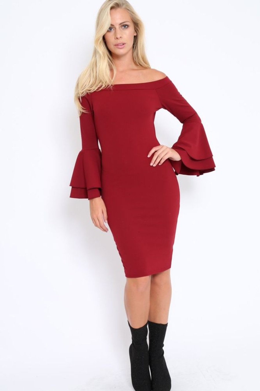 Clothing Rebellious Fashion | Wine Bardot Flared Sleeve Dress - Ebony