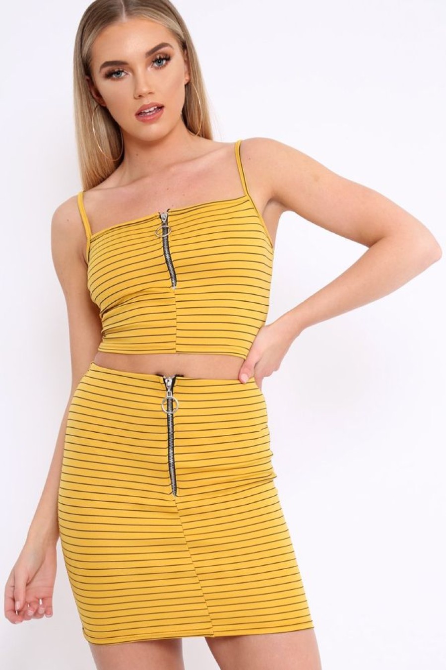 Clothing Rebellious Fashion | Mustard Stripe Ring Zip Front Mini Skirt And Bralet - Rosi