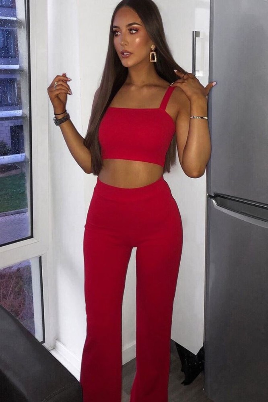 Clothing Rebellious Fashion | Red Crop Top And Trousers Co-Ord Set - Kimmy