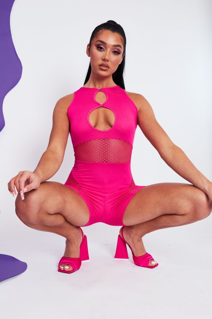 Clothing Rebellious Fashion | Hot Pink Fishnet Keyhole Playsuit - Jamila