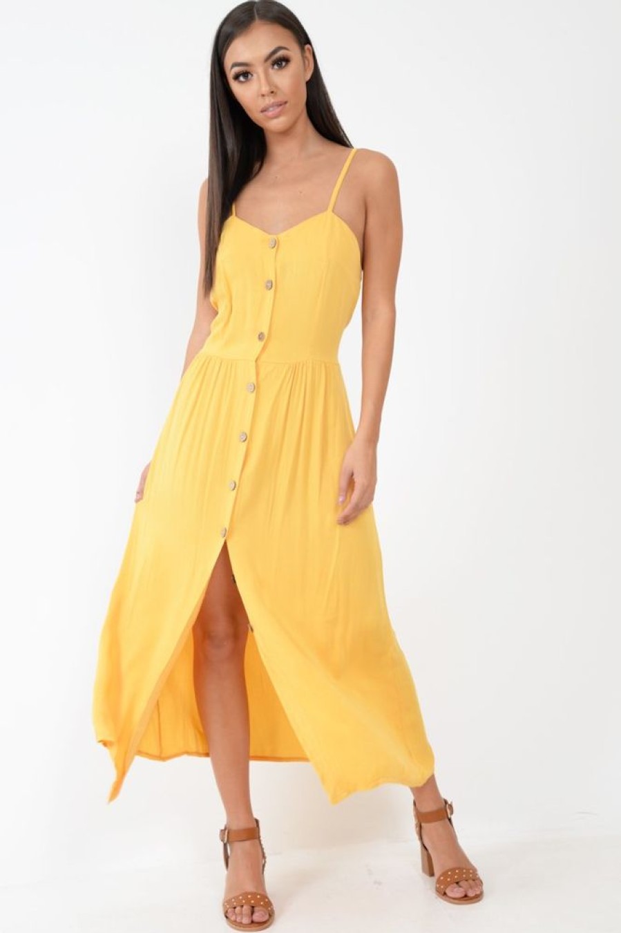 Clothing Rebellious Fashion | Mustard Strappy Button Down Midi Dress - Shaelee