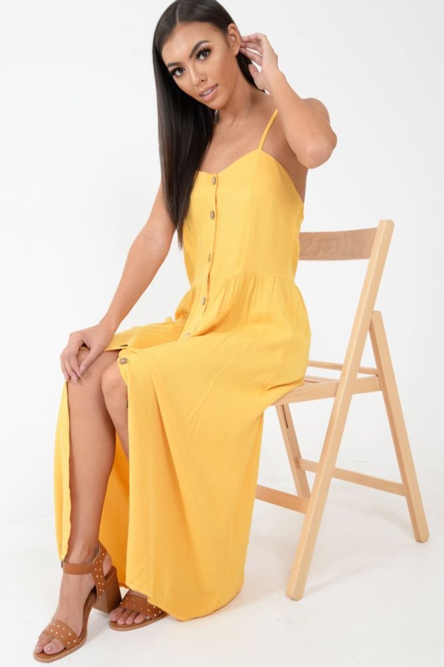 Clothing Rebellious Fashion | Mustard Strappy Button Down Midi Dress - Shaelee