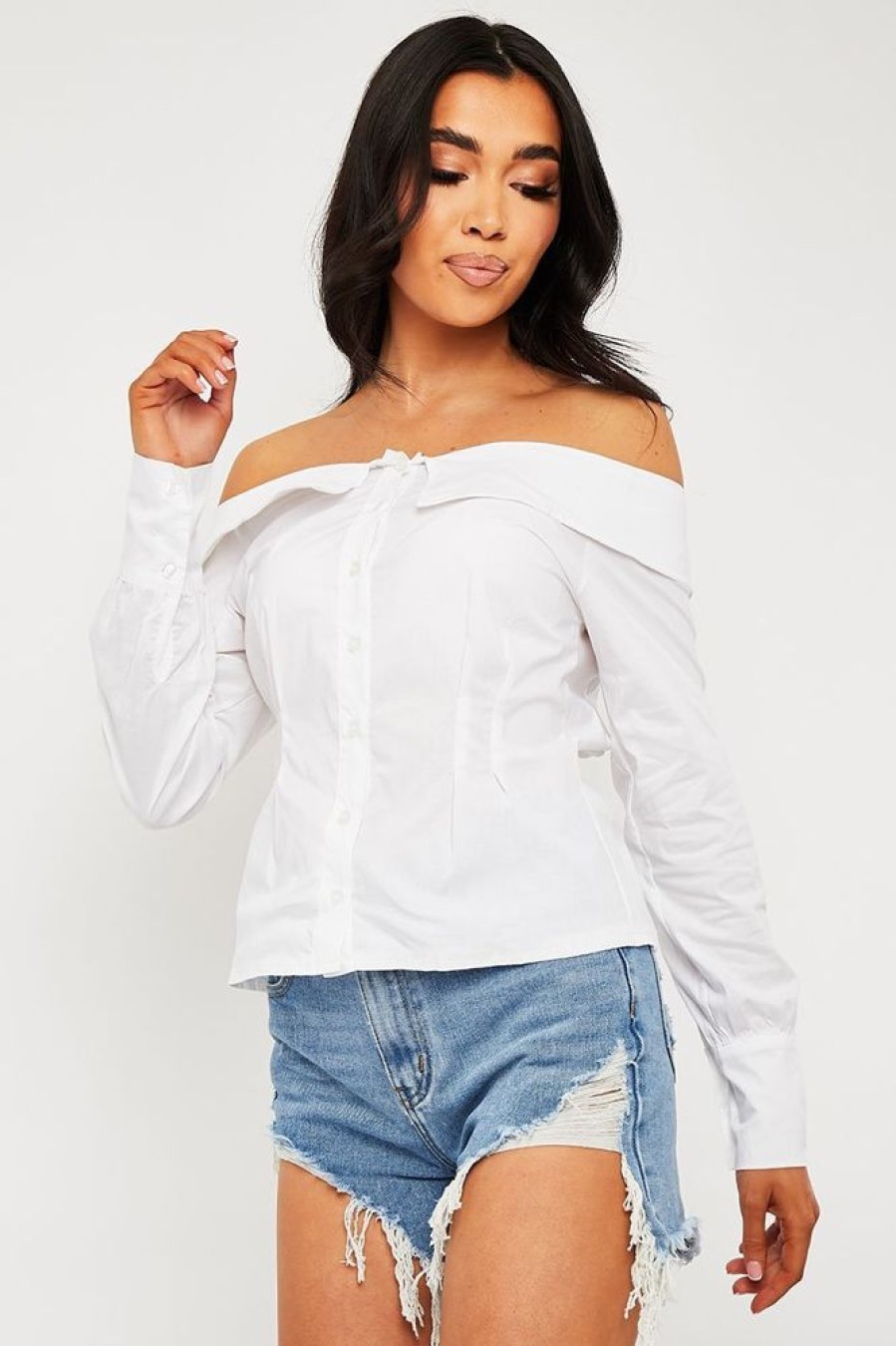 Clothing Rebellious Fashion | White Bardot Button Front Shirt Top - Rainee