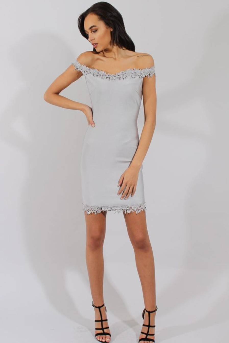 Clothing Rebellious Fashion | Grey Bandage Bardot Crochet Trim Dress - Stasia