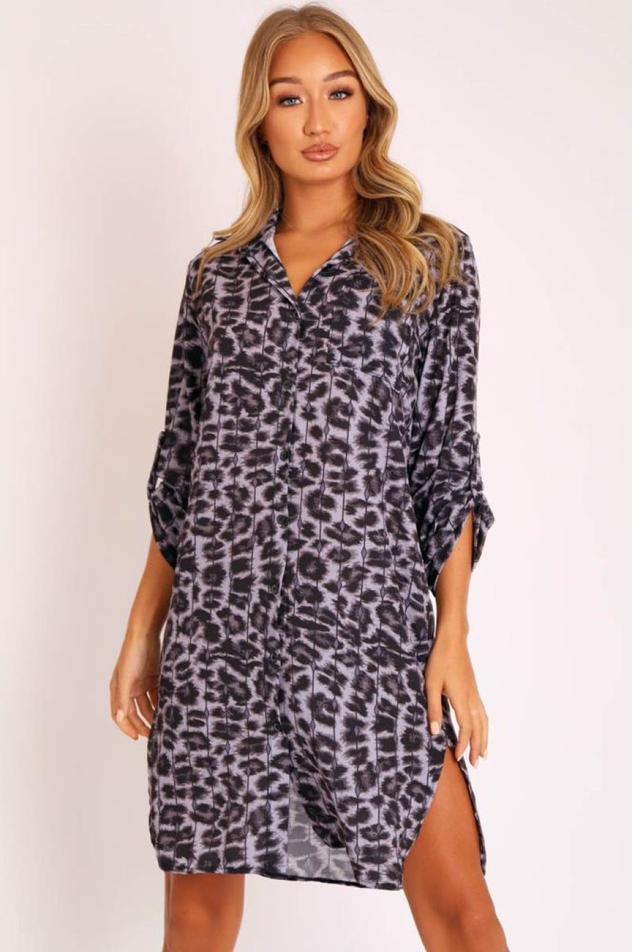 Clothing Rebellious Fashion | Black Cheetah Print Button Up Sleeve Shirt Dress - Zoey