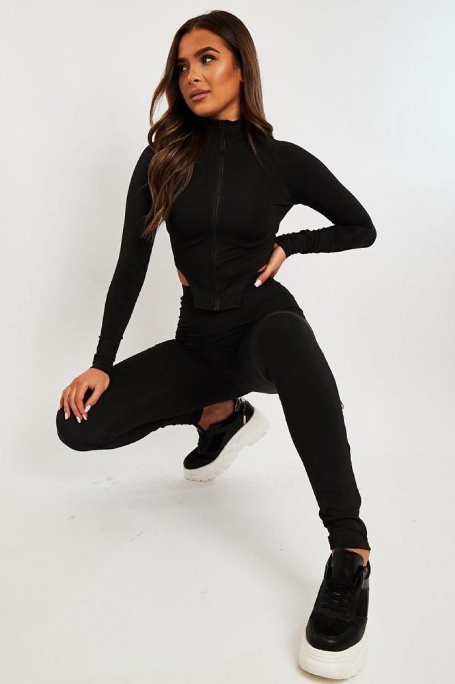 Clothing Rebellious Fashion | Black High Neck Zip Crop Top Leggings Co-Ord - Eily