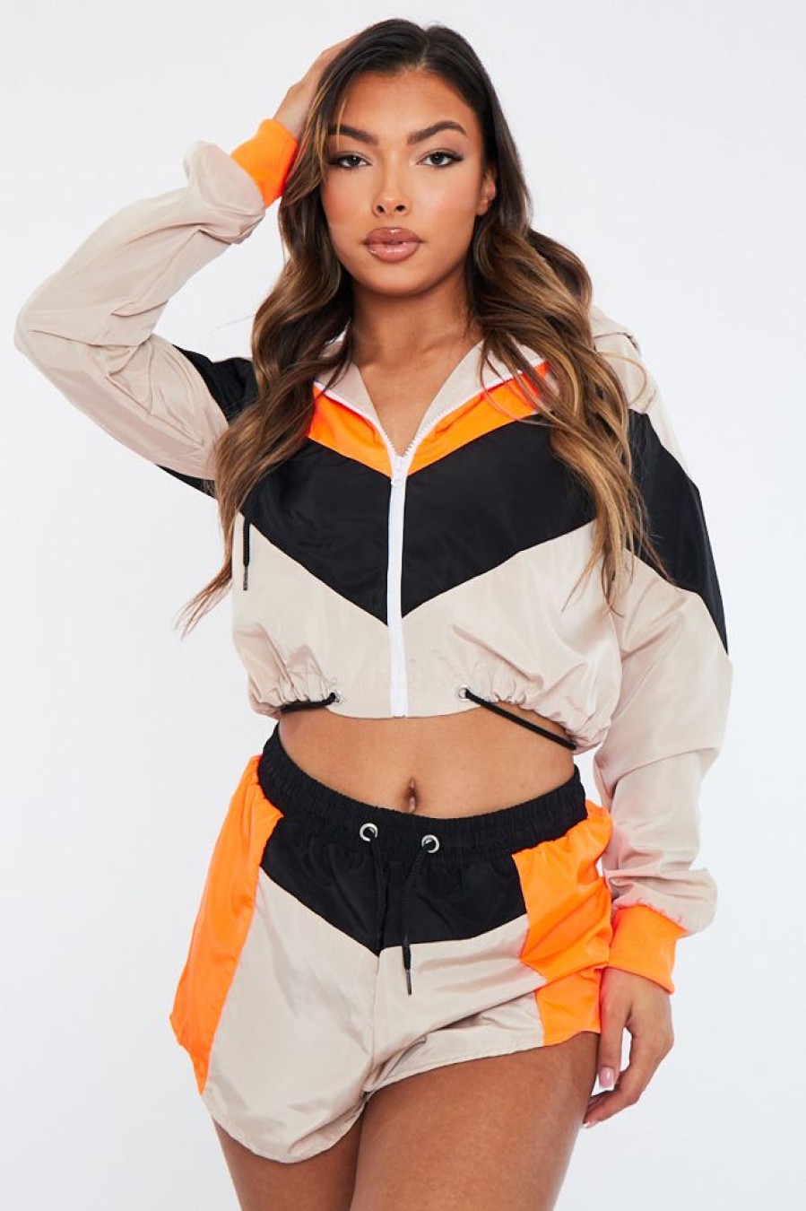 Clothing Rebellious Fashion | Stone Orange Shell Hooded Jacket & Shorts - Jettie