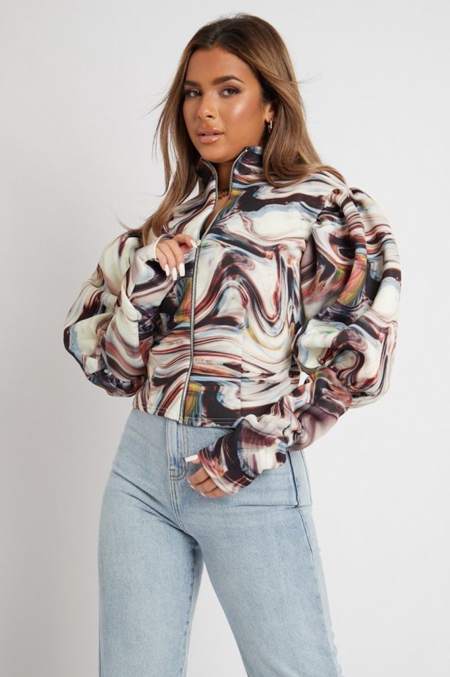 Clothing Rebellious Fashion | Brown Marble Print Puff Shoulder Jacket - Keaton