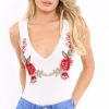 Clothing Rebellious Fashion | White Mesh Floral Embroidered Plunge Bodysuit - Elenore