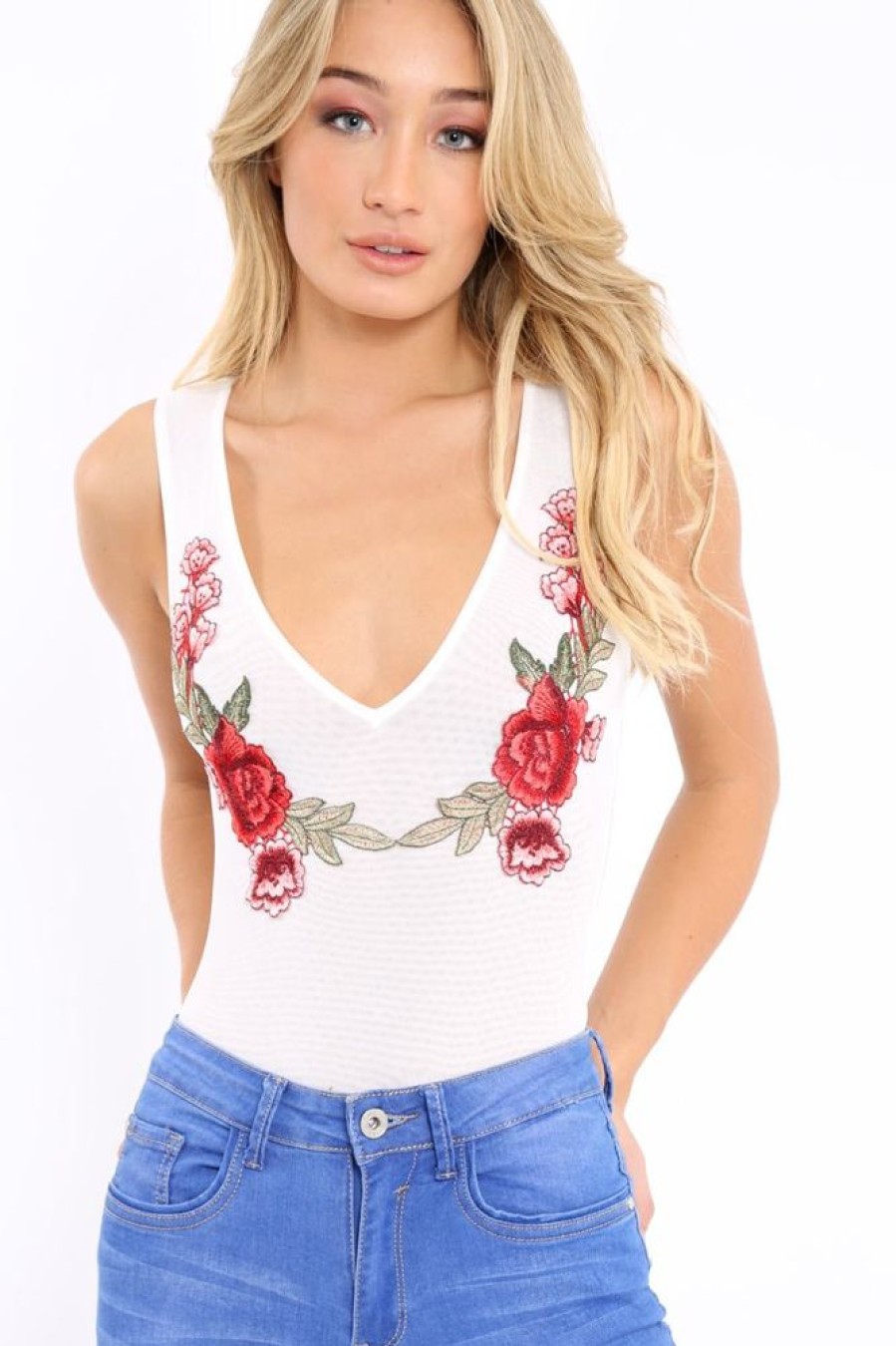 Clothing Rebellious Fashion | White Mesh Floral Embroidered Plunge Bodysuit - Elenore