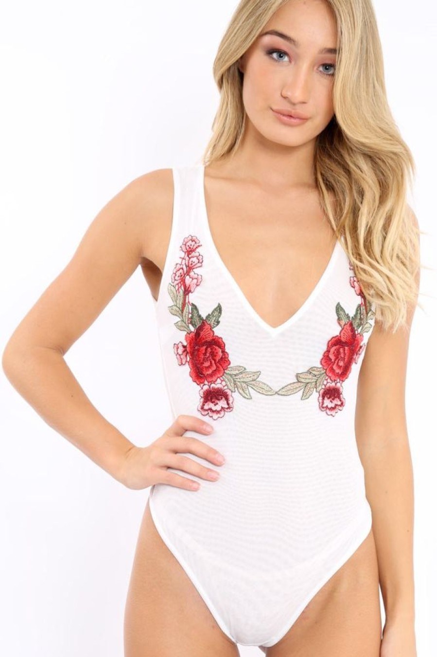 Clothing Rebellious Fashion | White Mesh Floral Embroidered Plunge Bodysuit - Elenore