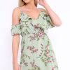 Clothing Rebellious Fashion | Green Floral Print Cold Shoulder Dress - Olyvia