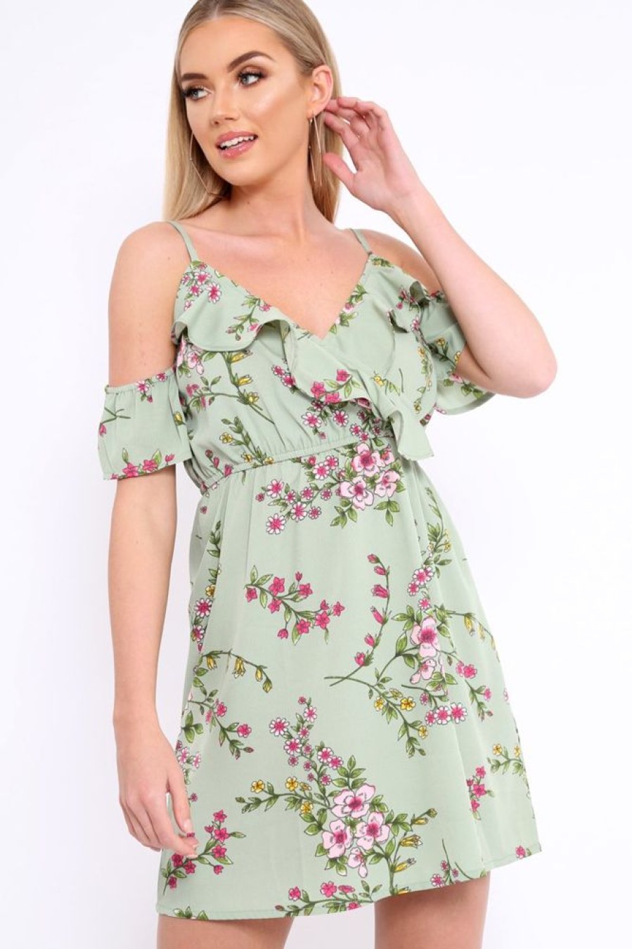 Clothing Rebellious Fashion | Green Floral Print Cold Shoulder Dress - Olyvia