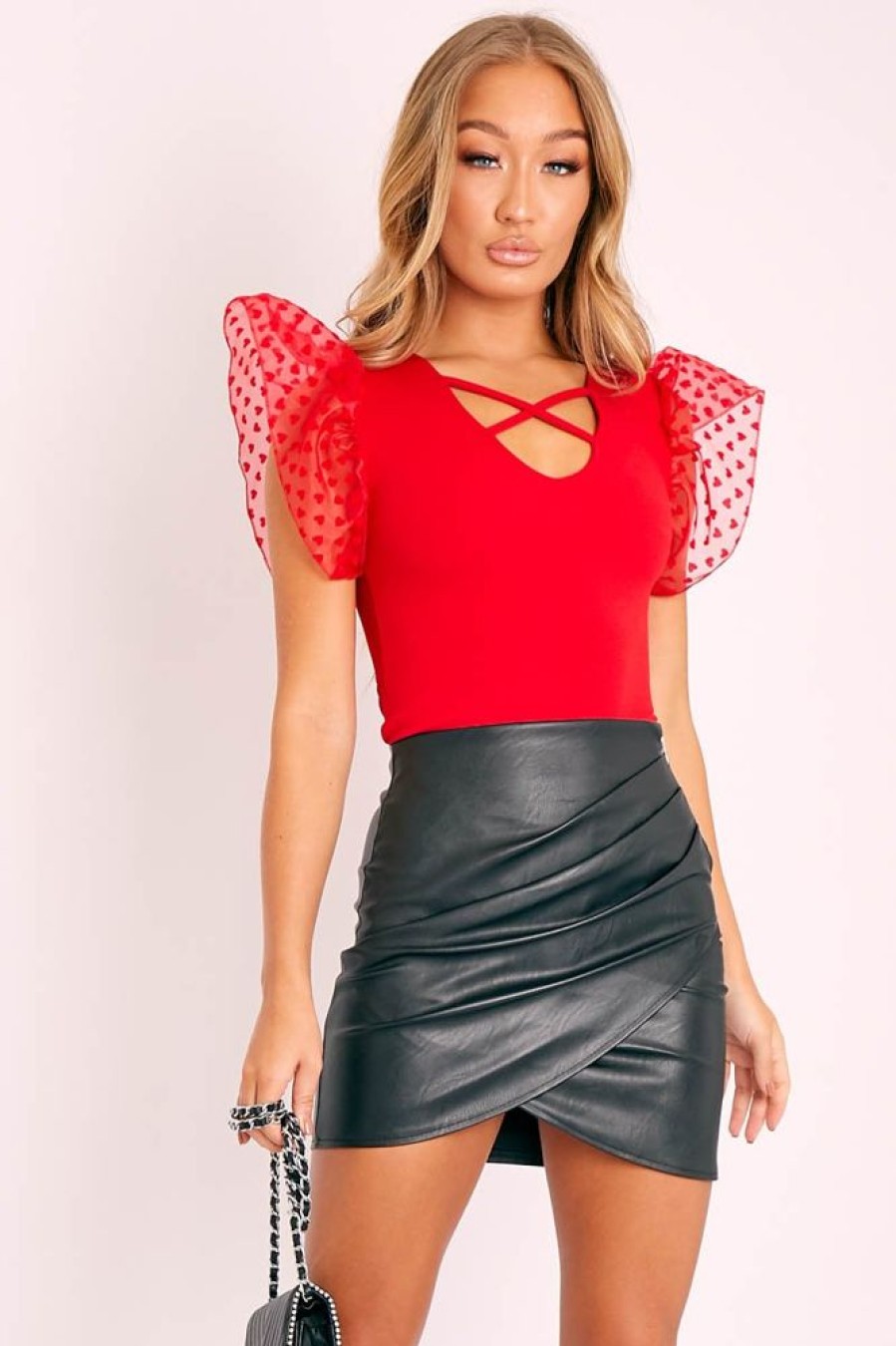 Clothing Rebellious Fashion | Red Heart Mesh Frill Sleeve Bodysuit - Orianna