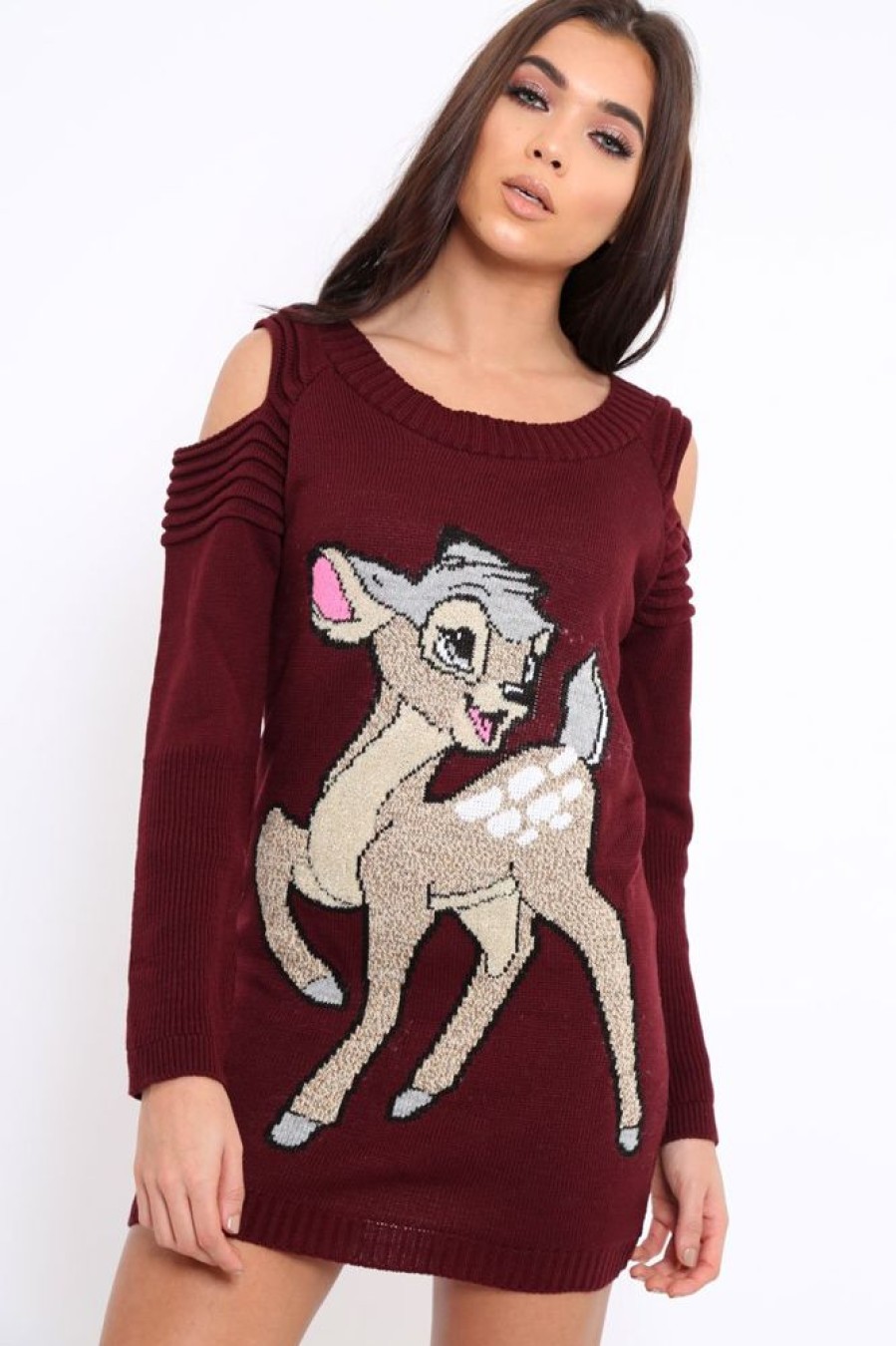 Clothing Rebellious Fashion | Wine Festive Deer Cold Shouldered Jumper Dress - Catarina