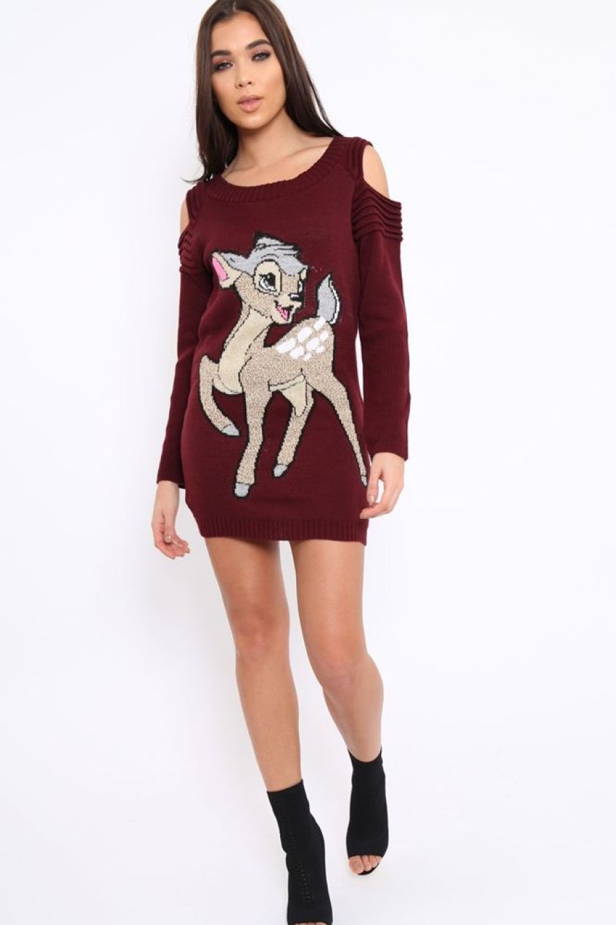 Clothing Rebellious Fashion | Wine Festive Deer Cold Shouldered Jumper Dress - Catarina