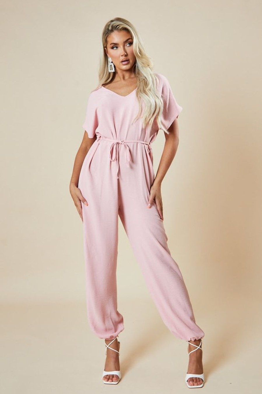 Clothing Rebellious Fashion | Pink V-Neck Oversized Tie Detail Jumpsuit - Sammie