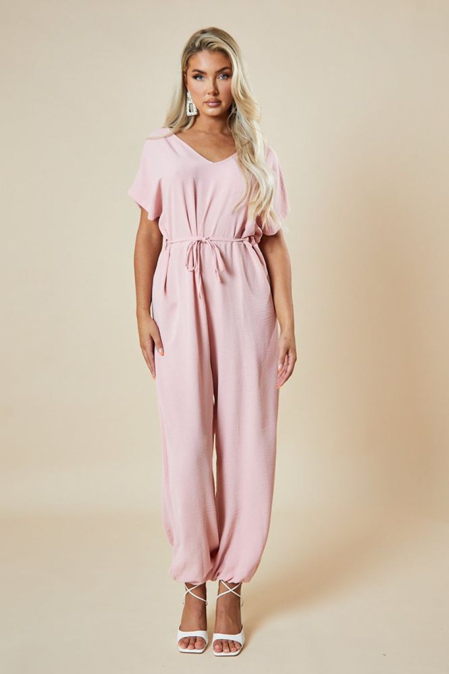 Clothing Rebellious Fashion | Pink V-Neck Oversized Tie Detail Jumpsuit - Sammie