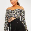 Clothing Rebellious Fashion | Purple Floral Ruched Centre Bardot Crop Top - Heily