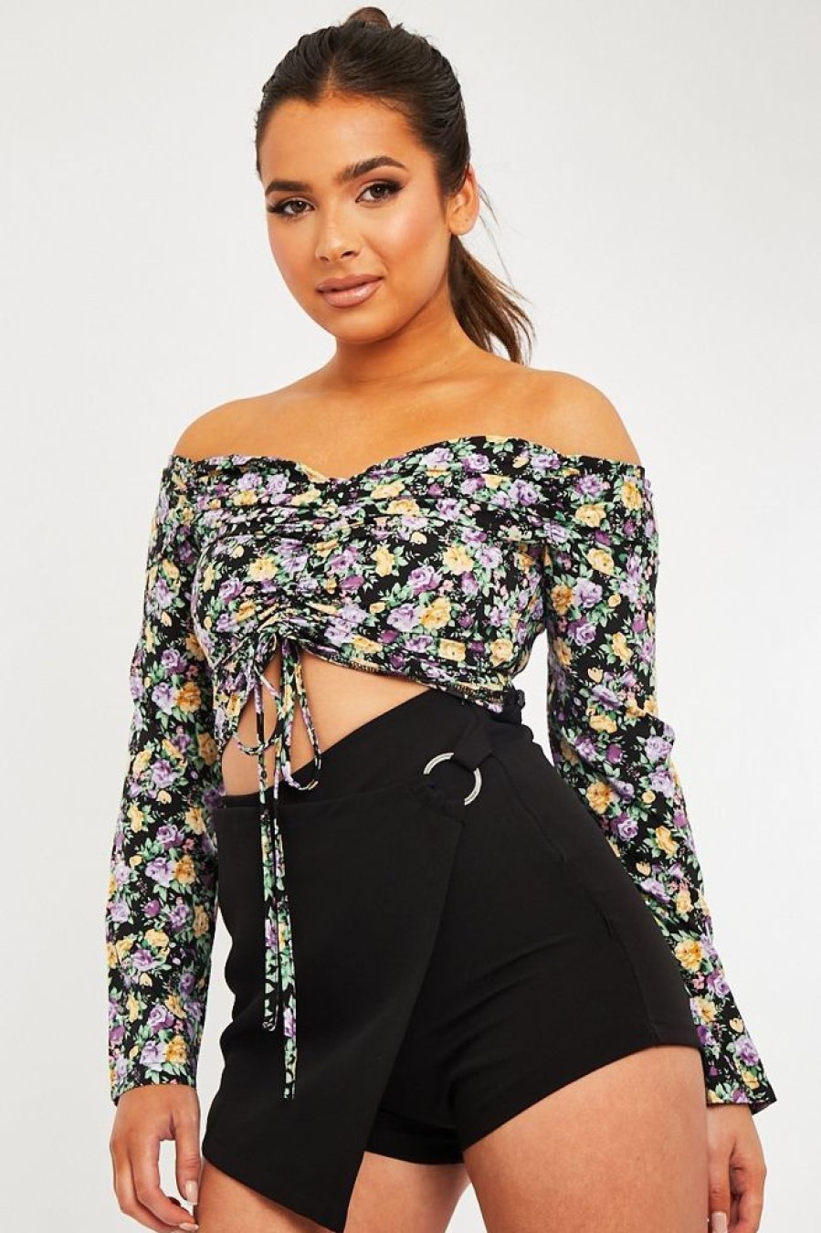 Clothing Rebellious Fashion | Purple Floral Ruched Centre Bardot Crop Top - Heily