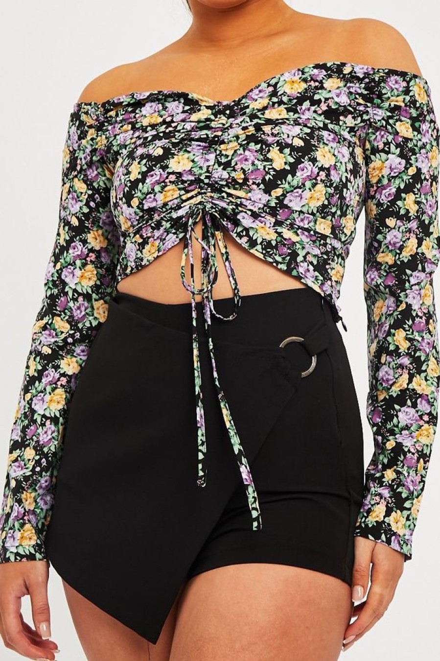 Clothing Rebellious Fashion | Purple Floral Ruched Centre Bardot Crop Top - Heily