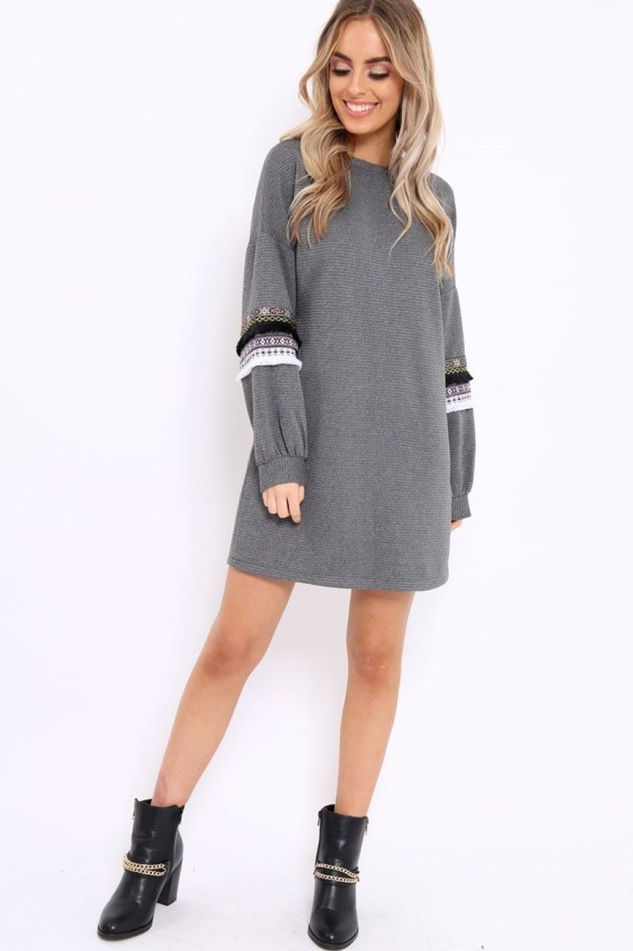 Clothing Rebellious Fashion | Grey Jumper Dress With Sleeve Trim Detail - Hermina