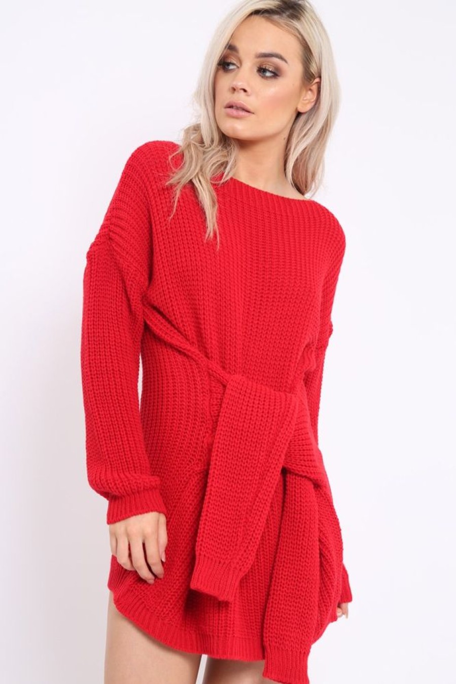 Clothing Rebellious Fashion | Red Tie Front Knitted Jumper Dress - Harley