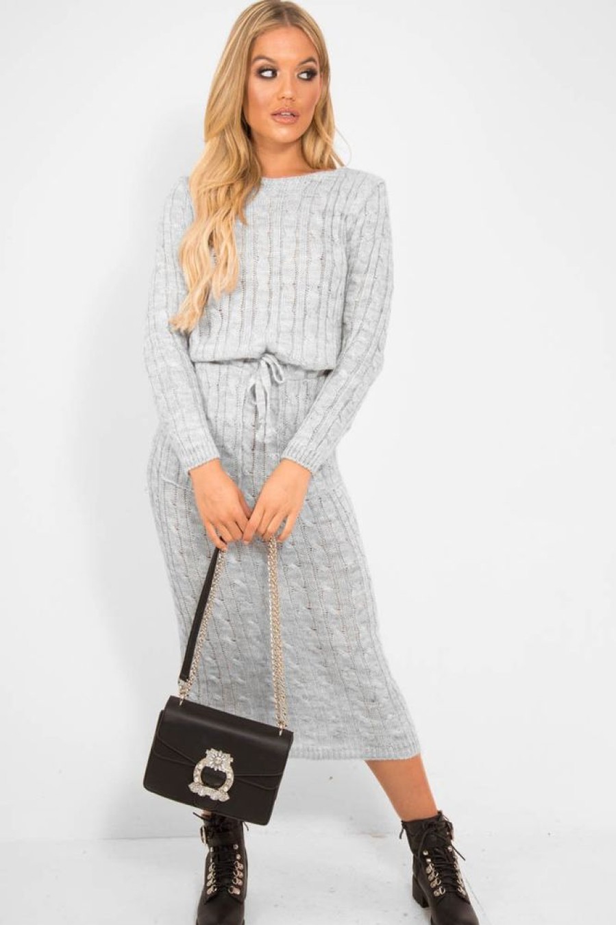 Clothing Rebellious Fashion | Grey Cable Knit Drawstring Waist Dress - Rhea