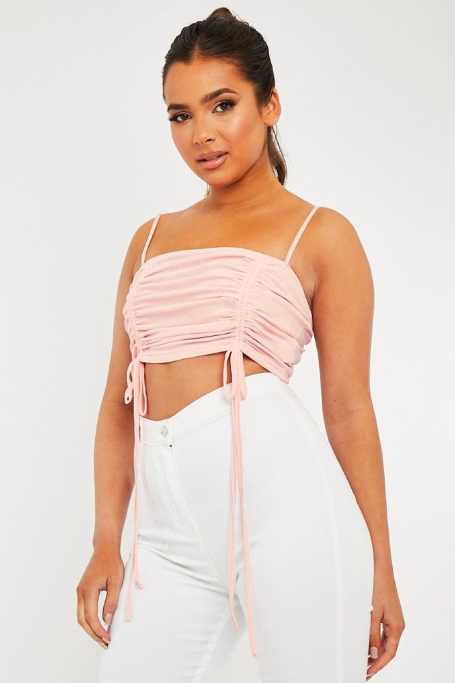 Clothing Rebellious Fashion | Pink Mesh Ruched Square Neck Crop Top - Leyna