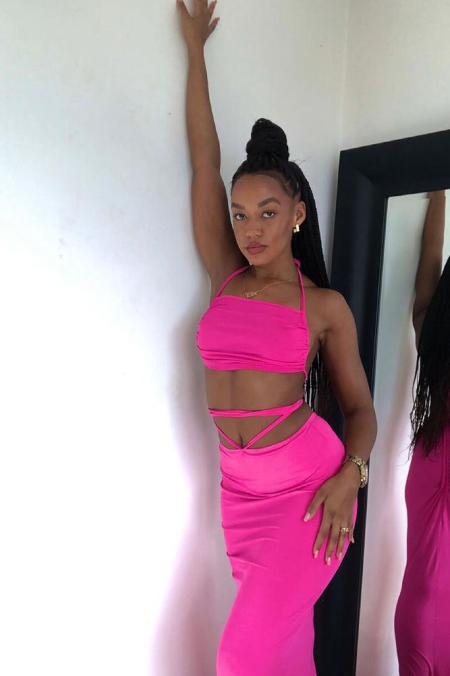 Clothing Rebellious Fashion | Pink Halter Neck Crop Top & Tie Waist Ruched Bum Maxi Skirt Set - Tilly