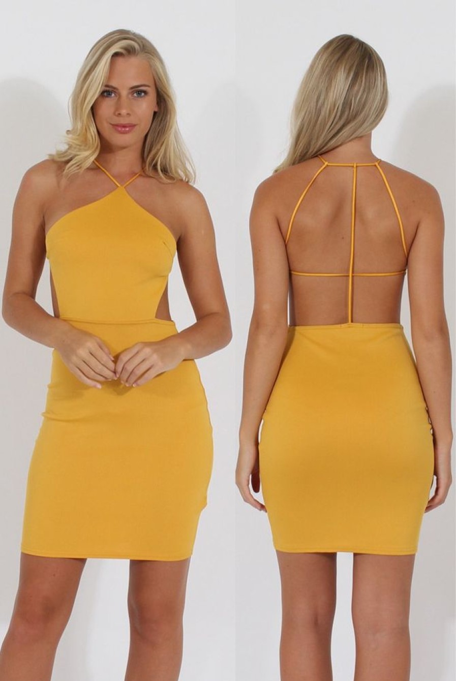 Clothing Rebellious Fashion | Yellow Halterneck Strappy Mini Dress - Brenda