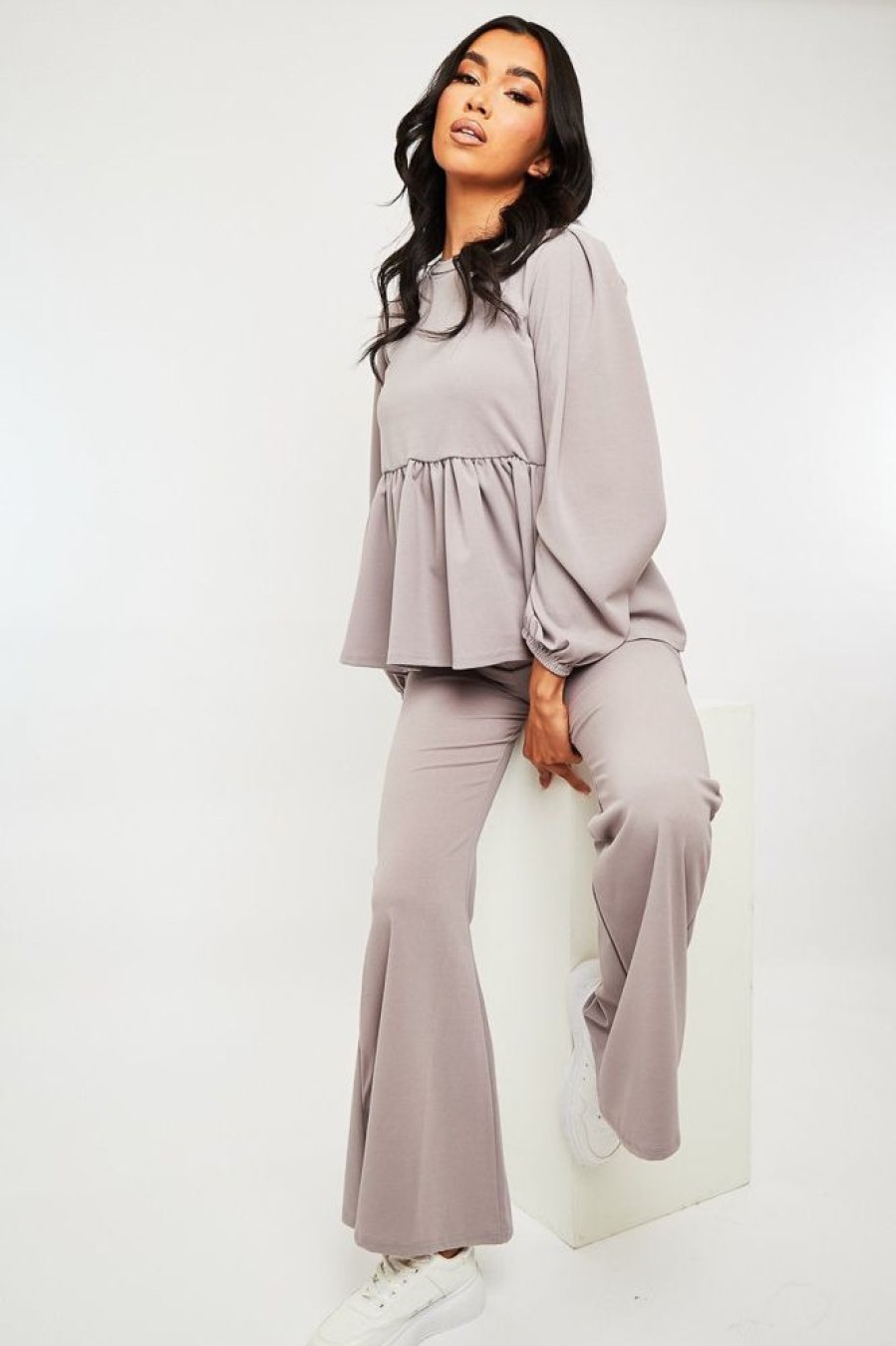 Clothing Rebellious Fashion | Grey Puff Sleeve Top + Wide Leg Trouser Co-Ord - Demri