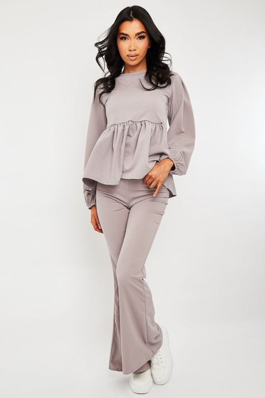 Clothing Rebellious Fashion | Grey Puff Sleeve Top + Wide Leg Trouser Co-Ord - Demri