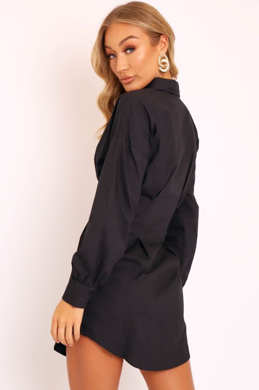 Clothing Rebellious Fashion | Black Tailored Waist Long Sleeve Shirt Dress - Laritza