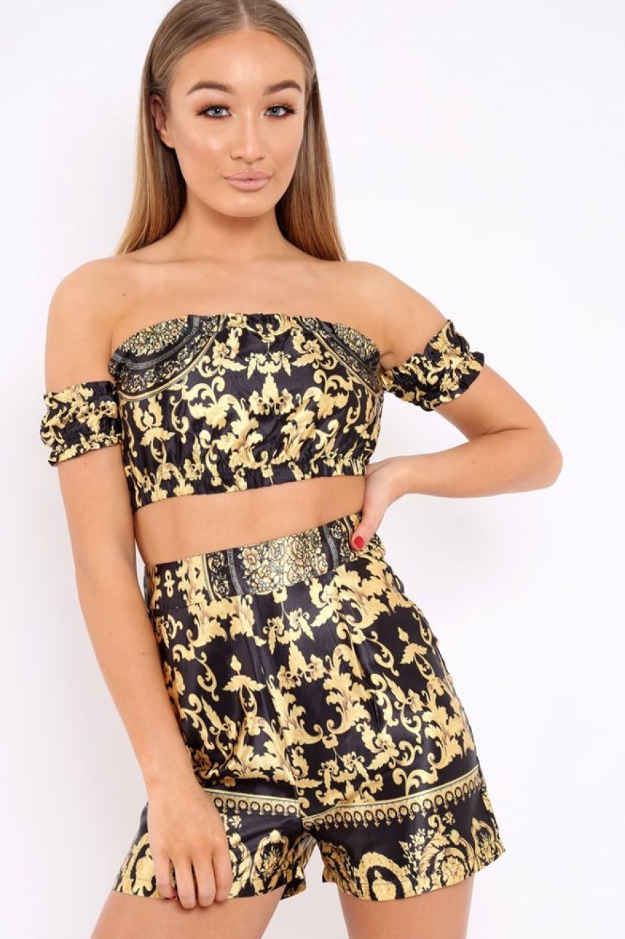 Clothing Rebellious Fashion | Black And Gold Scarf Co-Ord Set - Phenie