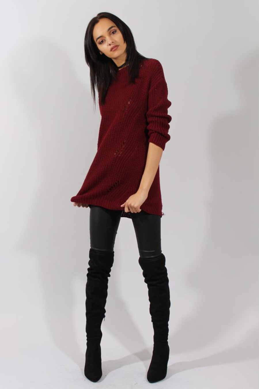 Clothing Rebellious Fashion | Red Knitted Distressed Back Jumper Dress - Cara