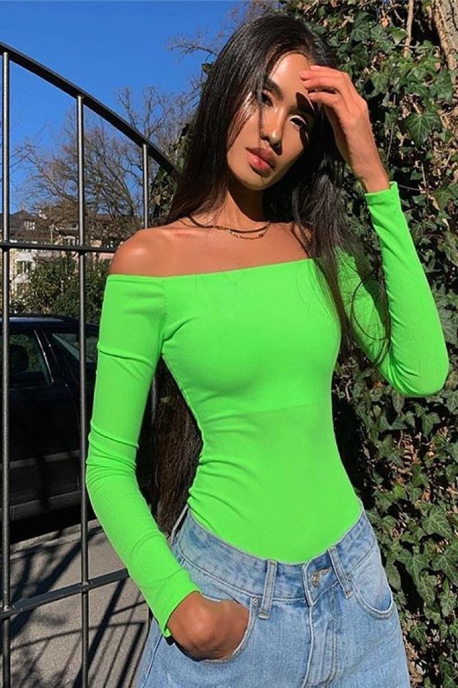 Clothing Rebellious Fashion | Neon Green Ribbed Square Neck Bodysuit - Alysha