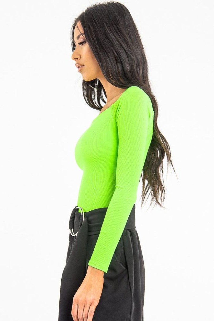 Clothing Rebellious Fashion | Neon Green Ribbed Square Neck Bodysuit - Alysha