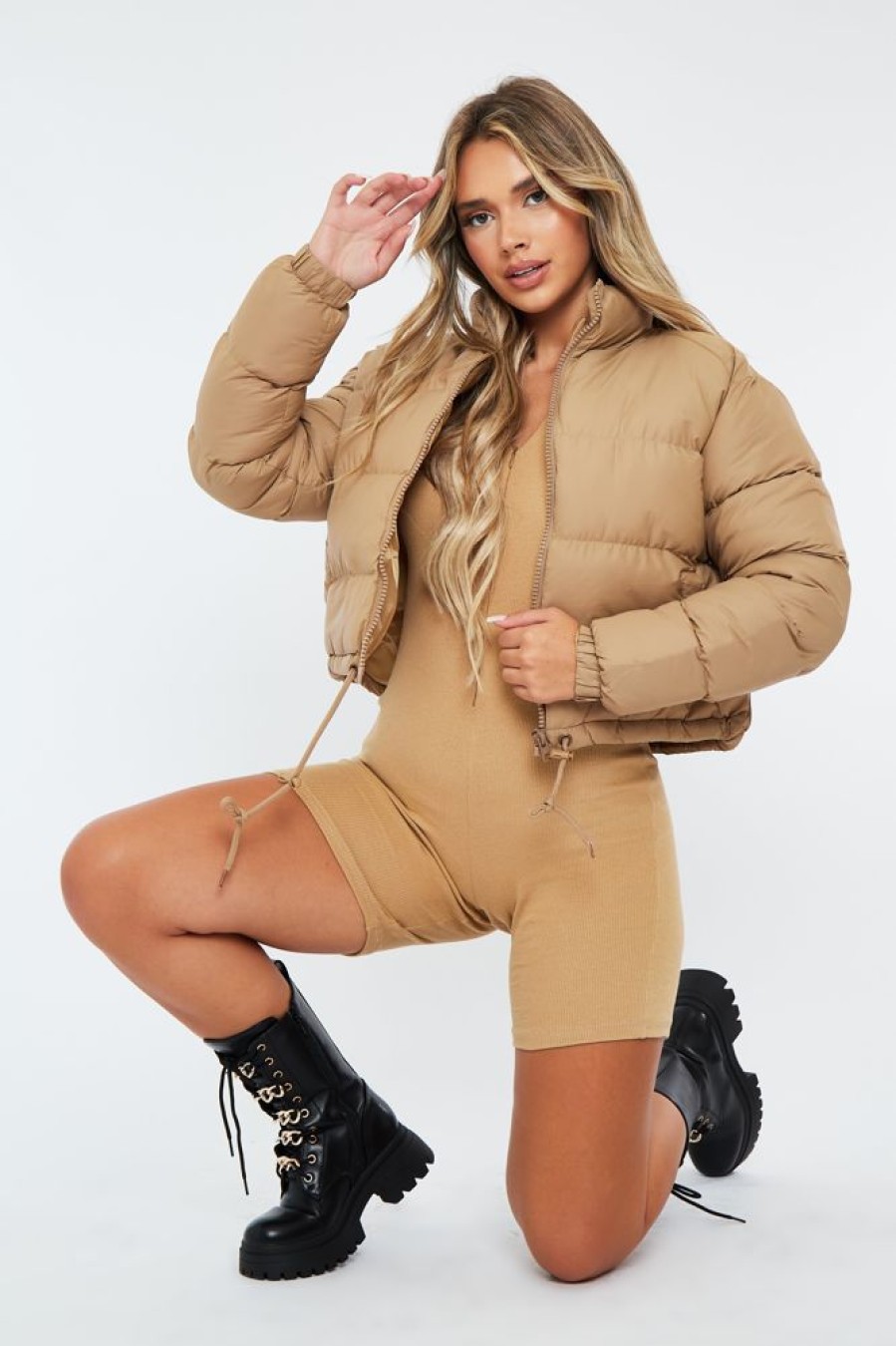 Clothing Rebellious Fashion | Camel Padded Cropped Puffer Jacket - Adhara