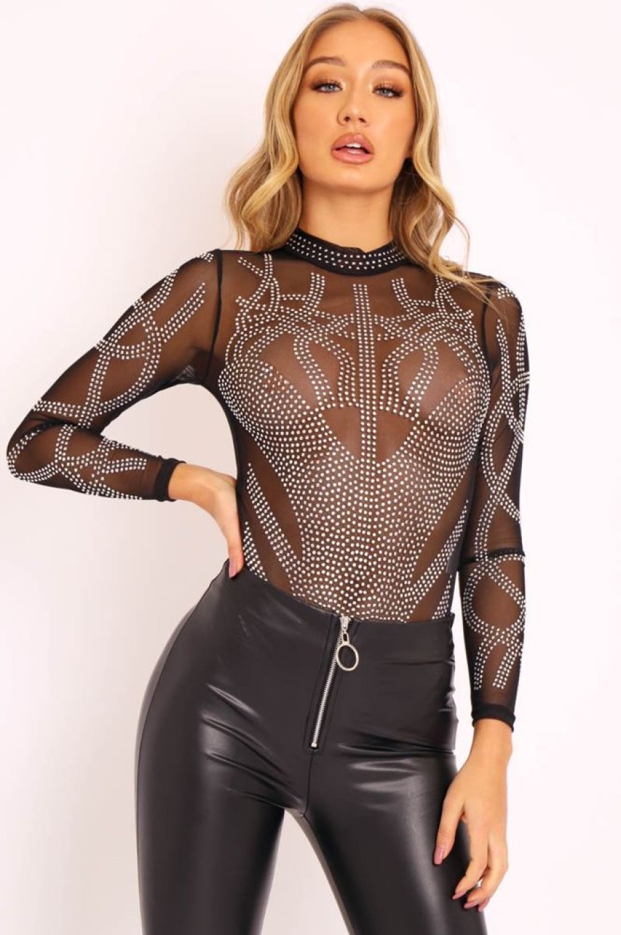 Clothing Rebellious Fashion | Black Mesh Rhinestone Embellished Bodysuit - Alayne