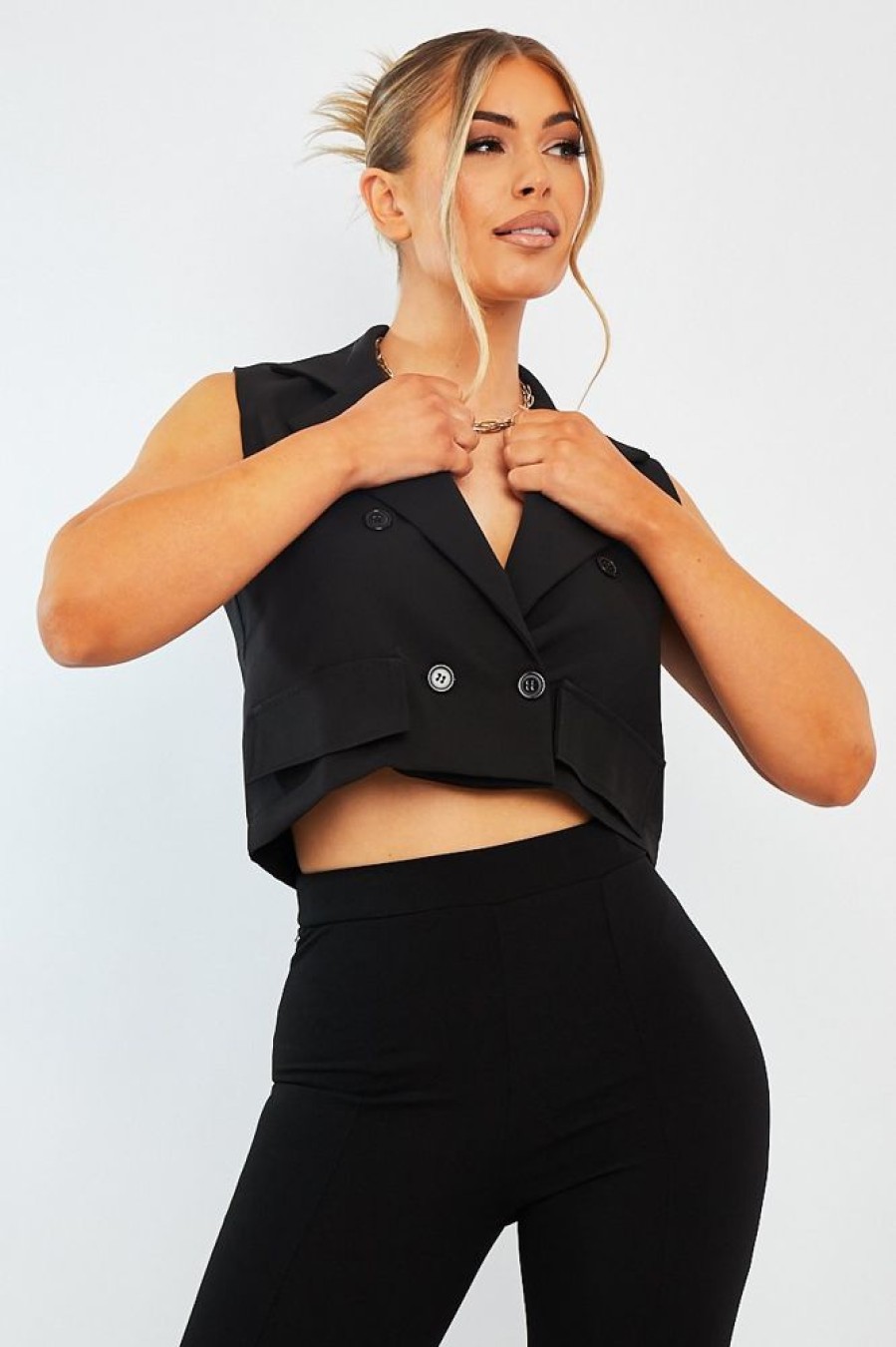 Clothing Rebellious Fashion | Black Cropped Sleeveless Blazer Top - Frankiee