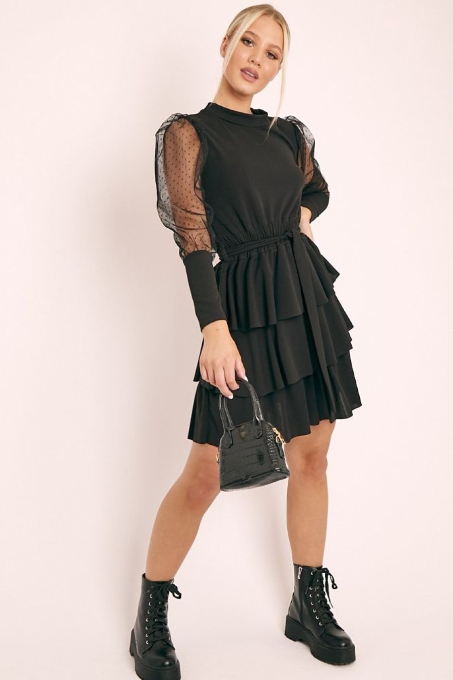 Clothing Rebellious Fashion | Black Tiered Skirt Belted Dress - Cassia