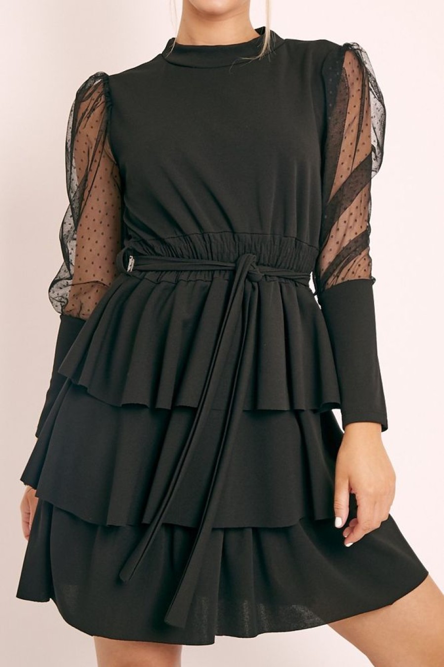 Clothing Rebellious Fashion | Black Tiered Skirt Belted Dress - Cassia