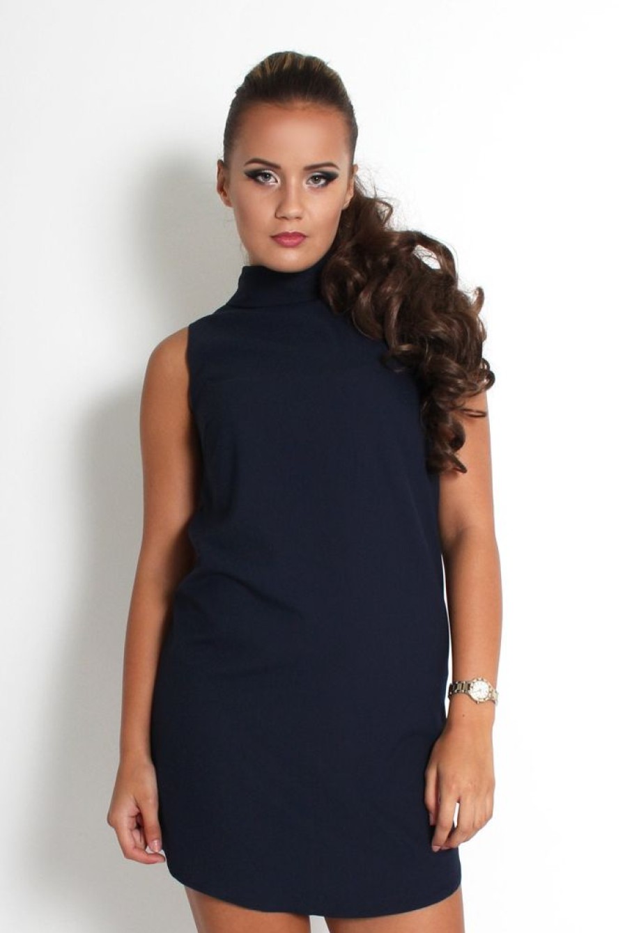 Clothing Rebellious Fashion | Caila Navy High Neck Shift Dress