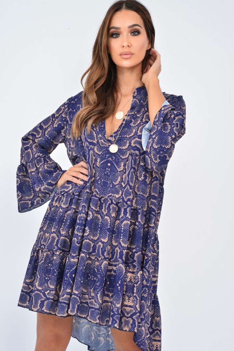 Clothing Rebellious Fashion | Blue Snake Print Plunge Flute Sleeve Shift Dress - Olesya