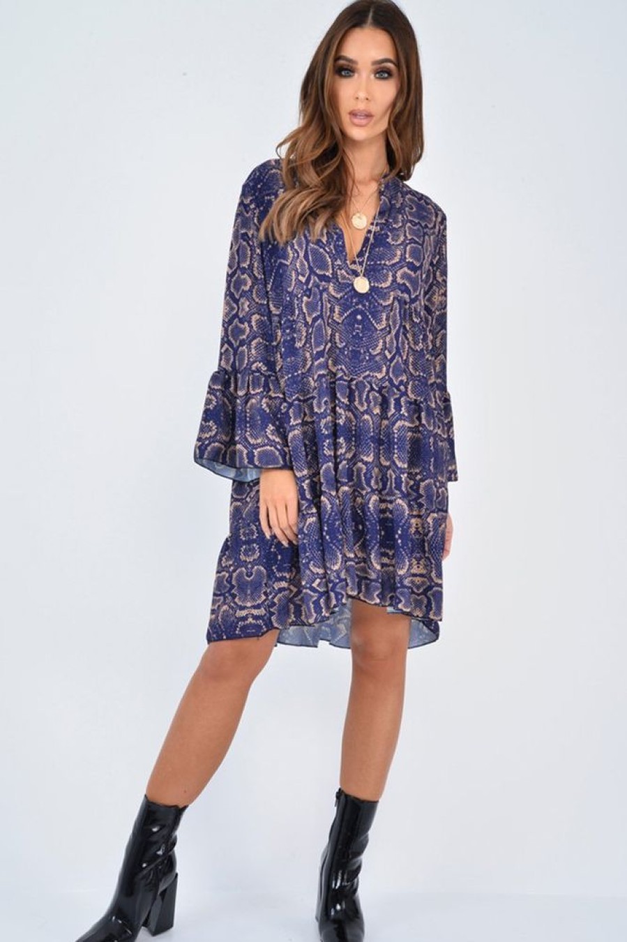 Clothing Rebellious Fashion | Blue Snake Print Plunge Flute Sleeve Shift Dress - Olesya