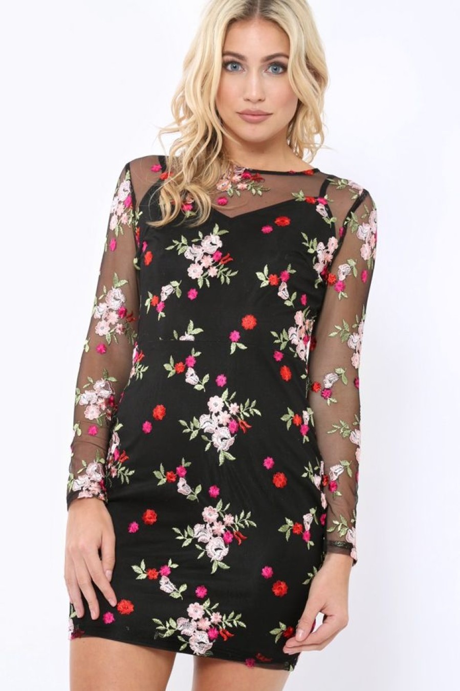 Clothing Rebellious Fashion | Black Embroidered Body Con With Sheer Sleeves - Fleur