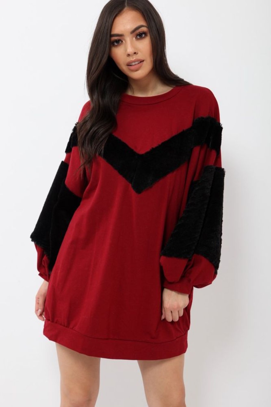 Clothing Rebellious Fashion | Wine Chevron Fur Jumper Dress - Esme